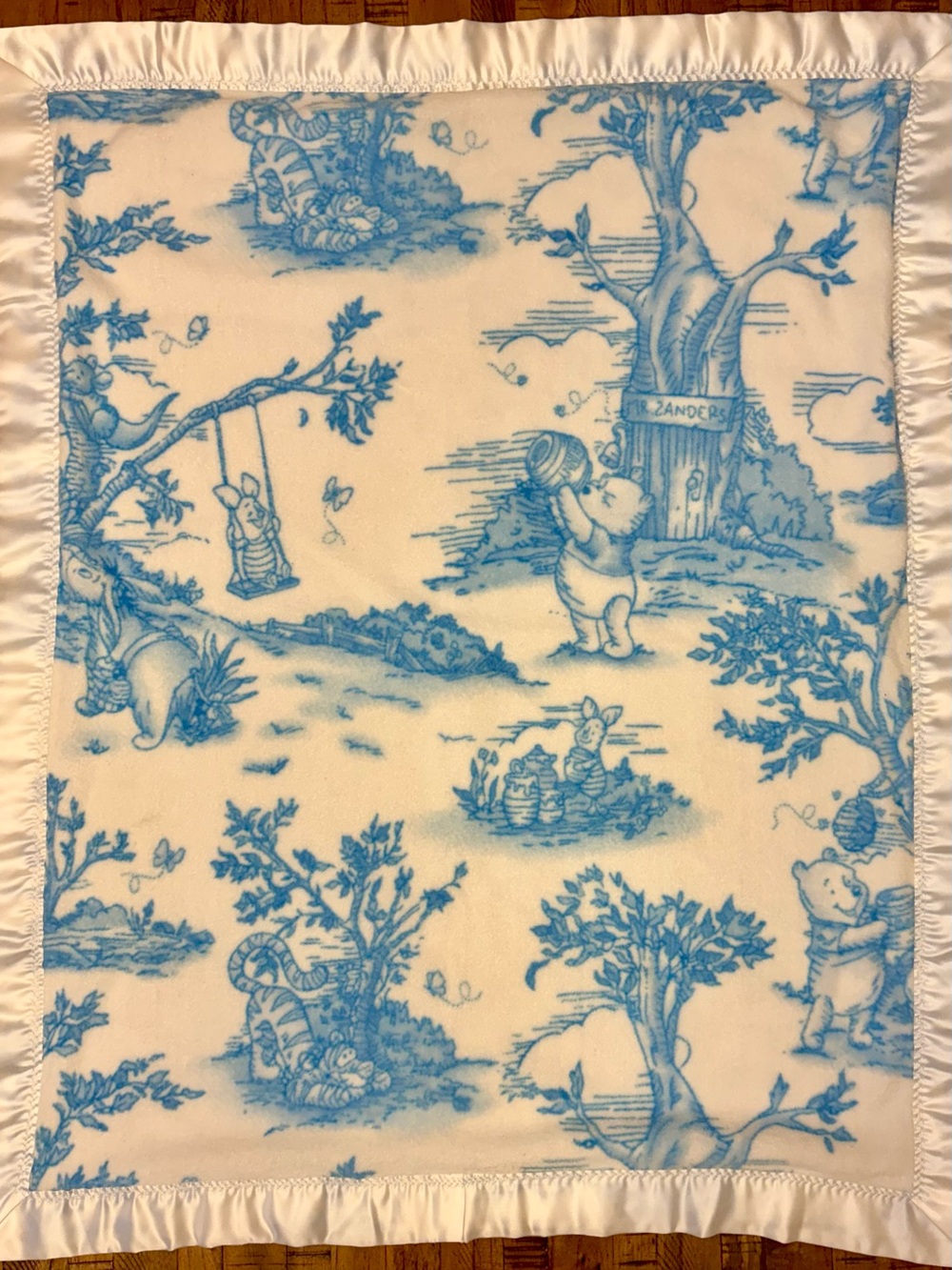 Y2K Vintage Handmade Winnie the Pooh Blue & White Toile Plush Satin Baby Blanket